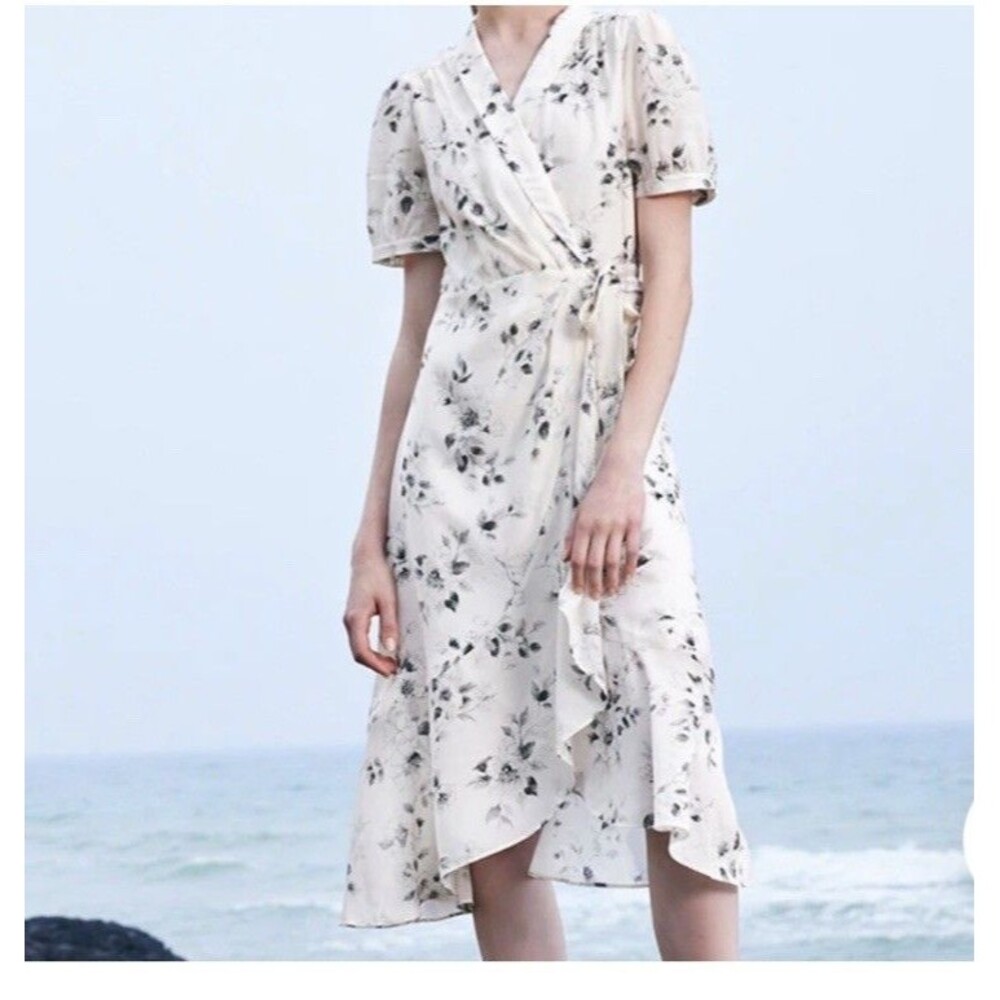 Goelia Ink Floral Print Puff Sleeve Wrap Dress Size 4 Fairy Romantic Feminine